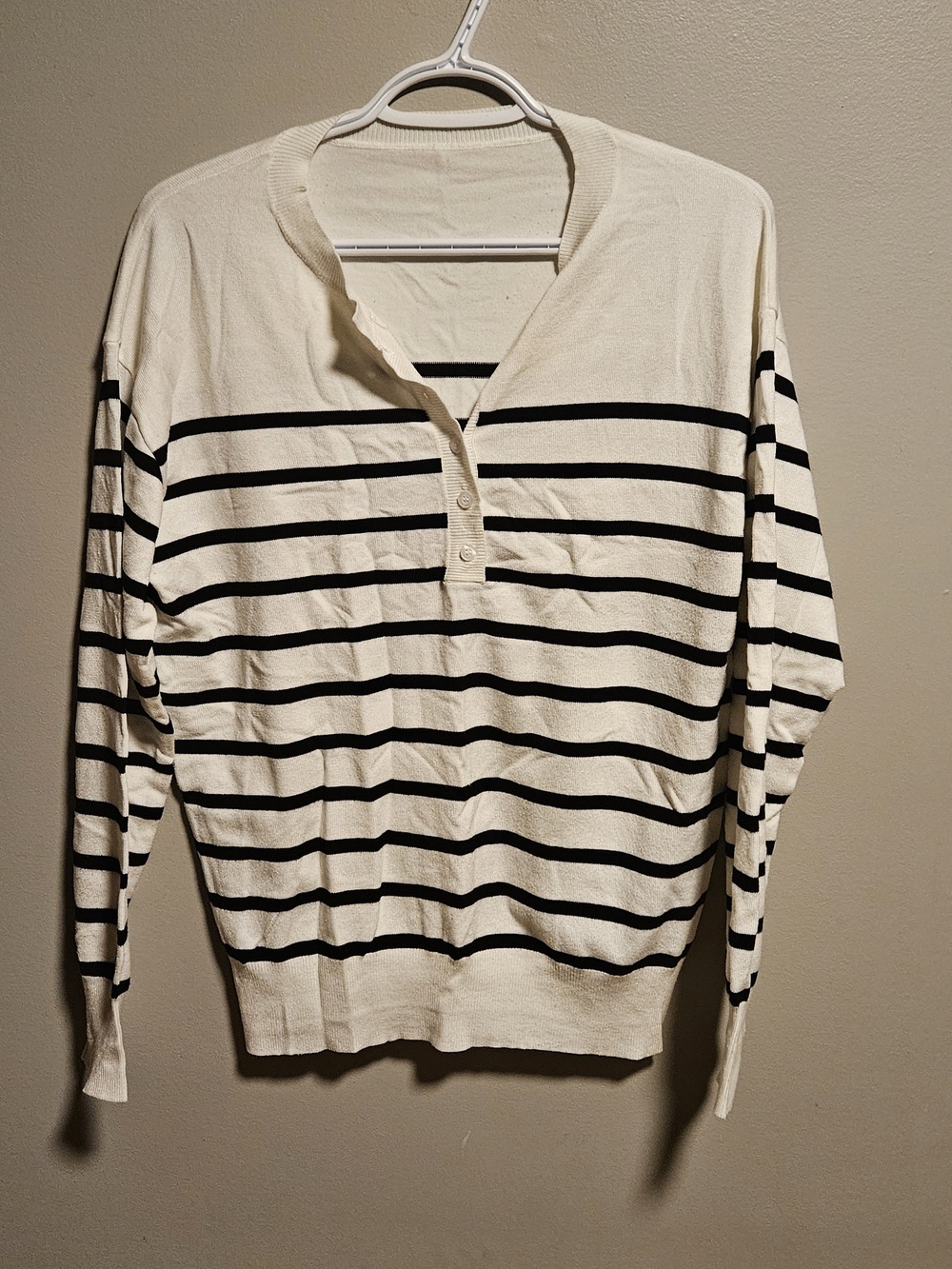 SHEIN Cream and Black Striped V-Neck Henley Sweater